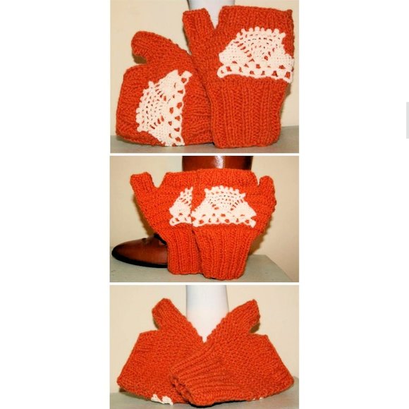 Fingerless Gloves Boot Cuffs & Twist Headband Set Hand Knit Pumpkin Burnt Orange - Picture 9 of 9